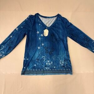 Blue Floral V-Neck Long Sleeve Blouse